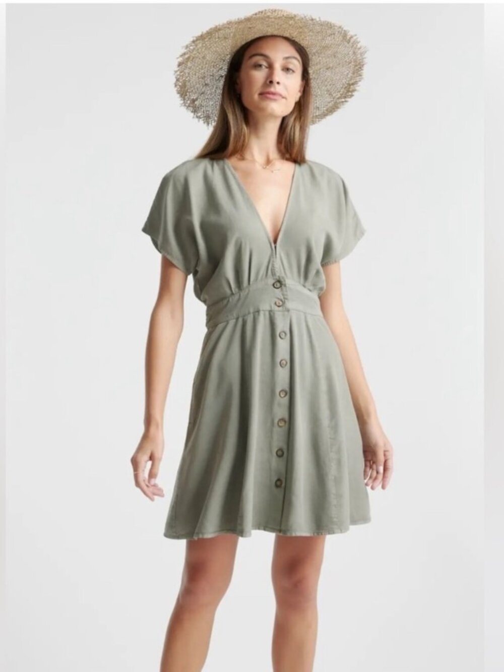 Quince Vintage Wash Tencel Button Front Dress Color Olive Sz M